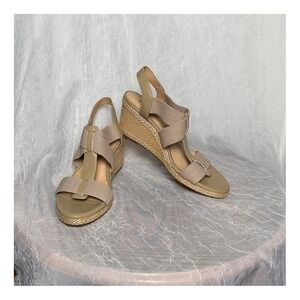 Lucky Brand Cork Wedge Heel‎ Espadrilles Sandals T-strap Stretch Slingback 9.5